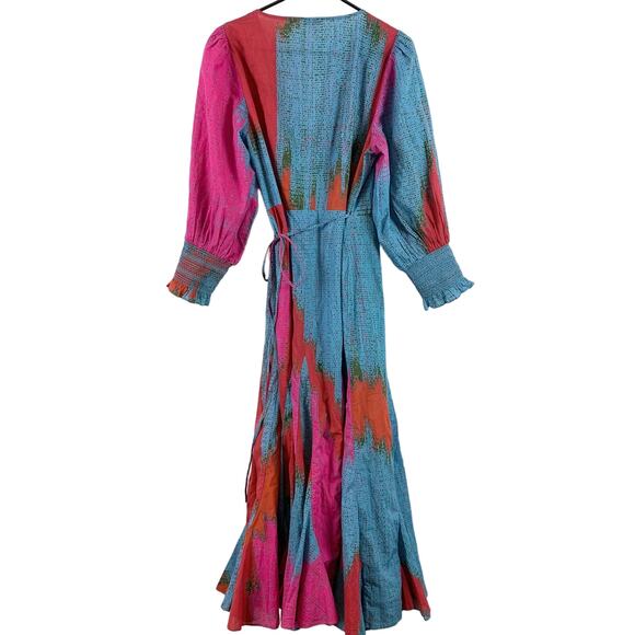 Rhode Fifi 100% Cotton Long Balloon Sleeve V-Neck Wrap Maxi Dress Ikat Medium - Picture 5 of 6